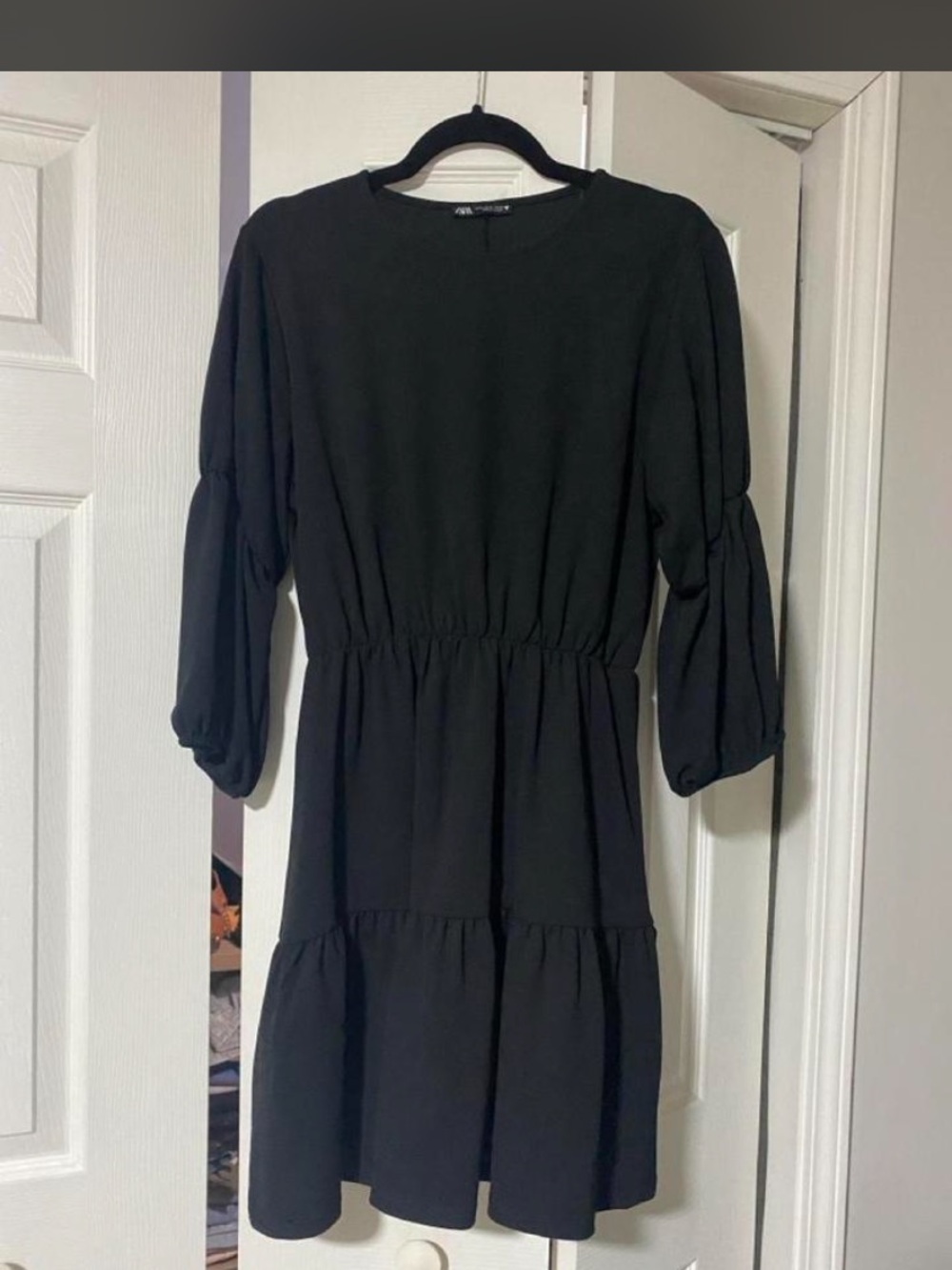 Zara Black Mini Tiered Long-Sleeve Dress